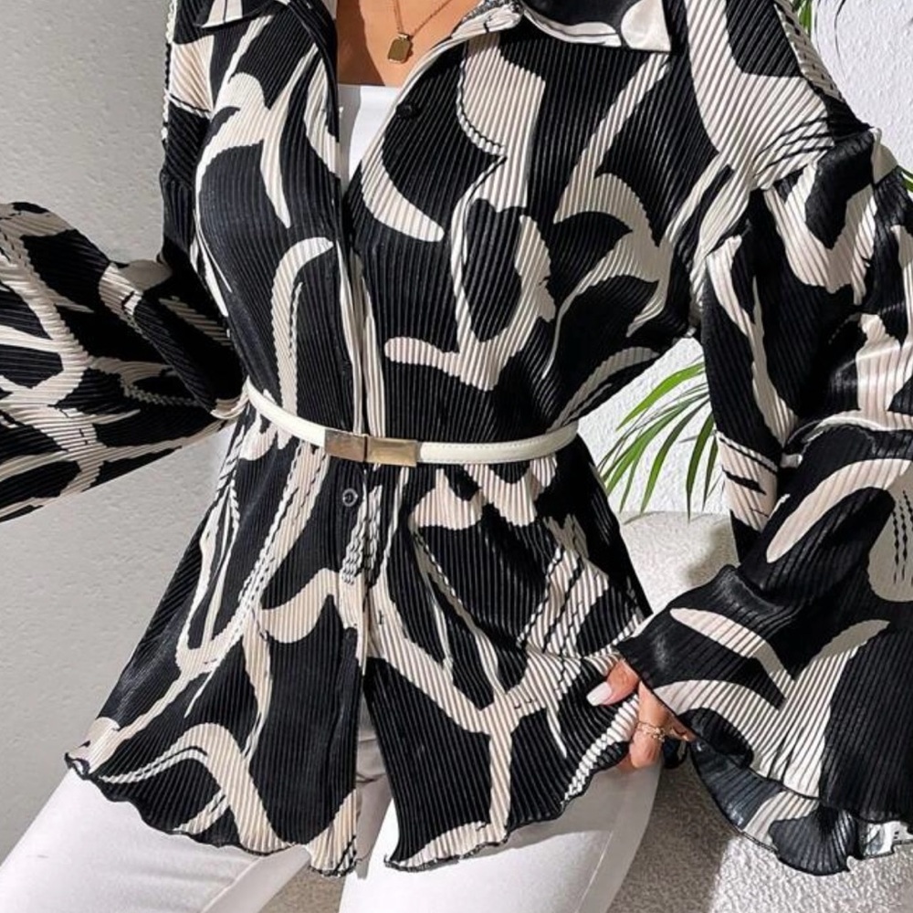 Elegant Oversized Abstract Print Button-up Top - Black and cream